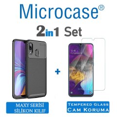 Microcase Samsung Galaxy A20e Maxy Serisi Carbon Fiber Silikon Kılıf - Siyah + Tempered Glass Cam Koruma (SEÇENEKLİ)