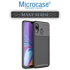 Microcase Samsung Galaxy A20e Maxy Serisi Carbon Fiber Silikon Kılıf - Siyah + Tempered Glass Cam Koruma (SEÇENEKLİ)