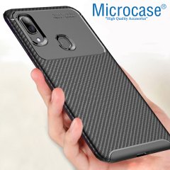 Microcase Samsung Galaxy A20e Maxy Serisi Carbon Fiber Silikon Kılıf - Siyah + Tempered Glass Cam Koruma (SEÇENEKLİ)