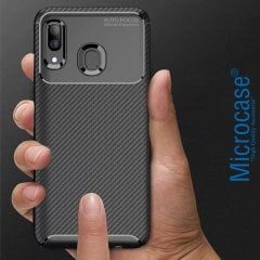 Microcase Samsung Galaxy A20e Maxy Serisi Carbon Fiber Silikon Kılıf - Siyah + Tempered Glass Cam Koruma (SEÇENEKLİ)