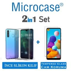Microcase Samsung Galaxy A21 0.2 mm İnce Soft Silikon Kılıf - Şeffaf + Tempered Glass Cam Koruma