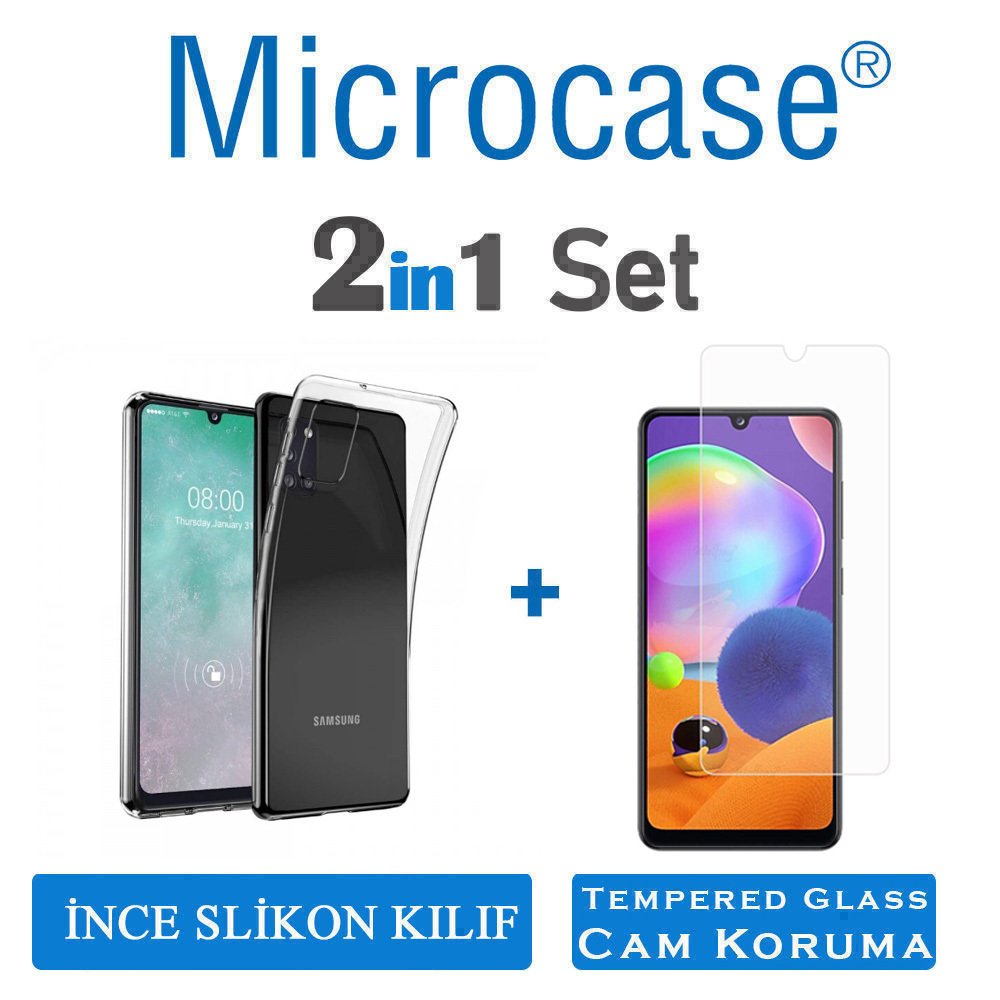 Microcase Samsung Galaxy A31 0.2 mm İnce Soft Silikon Kılıf - Şeffaf + Tempered Glass Cam Koruma