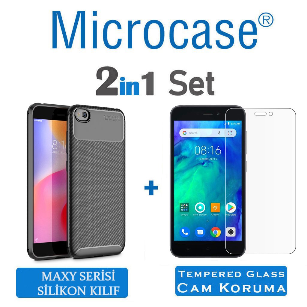 Microcase Xiaomi Redmi Go Maxy Serisi Carbon Fiber Silikon Kılıf - Siyah + Tempered Glass Cam Koruma (SEÇENEKLİ)