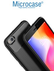 Microcase Xiaomi Redmi Go Maxy Serisi Carbon Fiber Silikon Kılıf - Siyah + Tempered Glass Cam Koruma (SEÇENEKLİ)