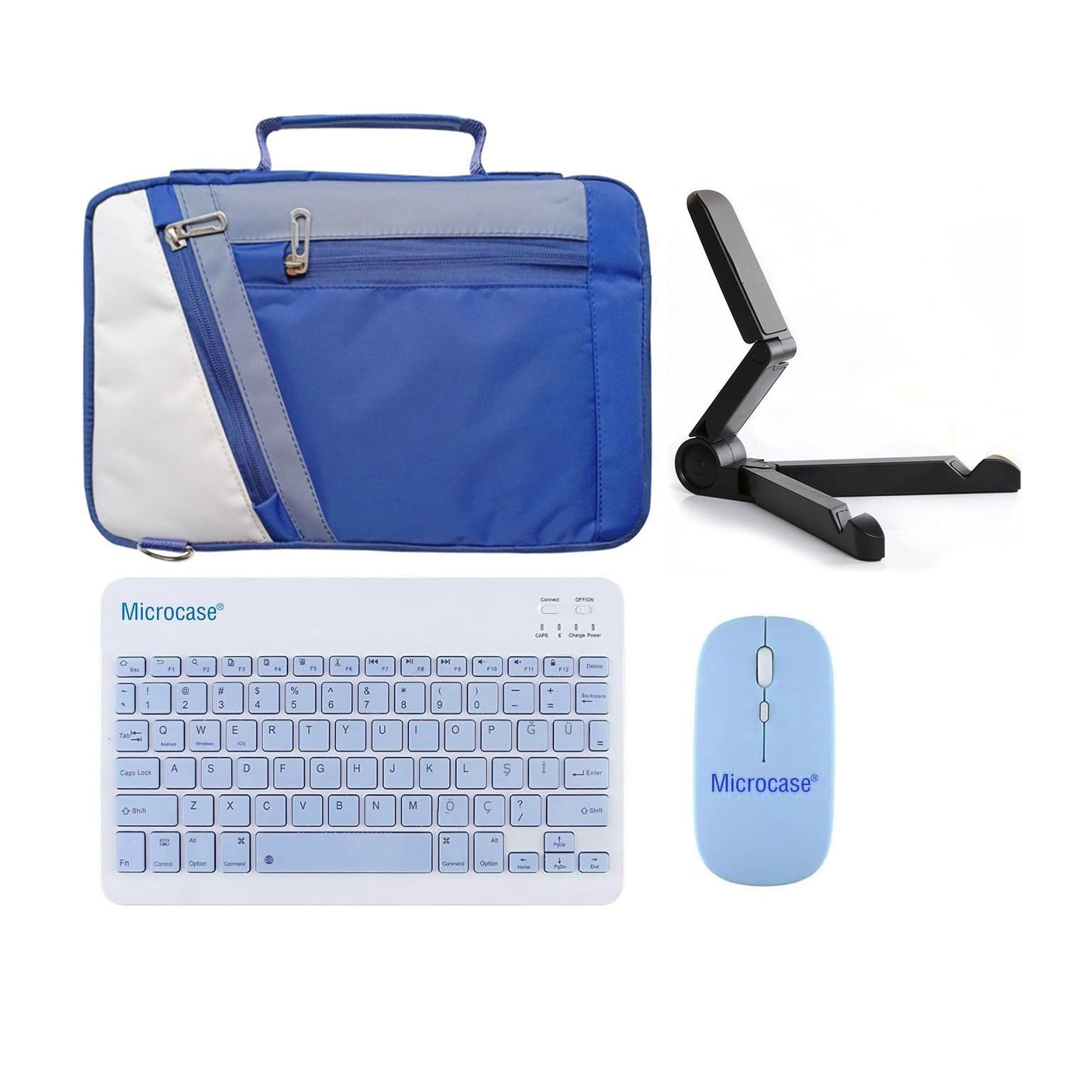 Microcase Vorcom QuartzPro 10.1 inch Uyumlu Tablet Çanta+Türkçe Bluetooth Klavye +Mouse+ Standı-Mavi AL4384