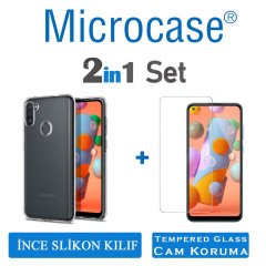 Microcase Samsung Galaxy M11 0.2 mm İnce Soft Silikon Kılıf - Şeffaf + Tempered Glass Cam Koruma