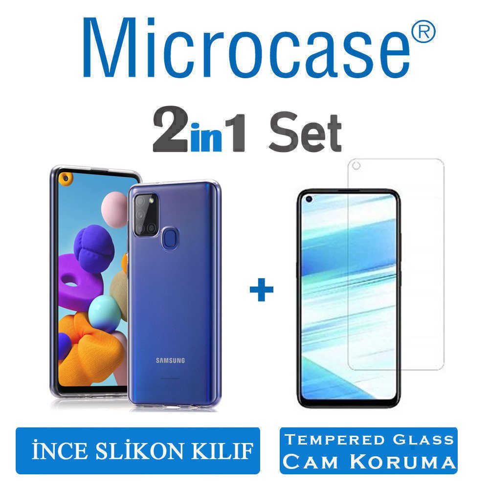 Microcase Samsung Galaxy A21s 0.2 mm İnce Soft Silikon Kılıf - Şeffaf + Tempered Glass Cam Koruma