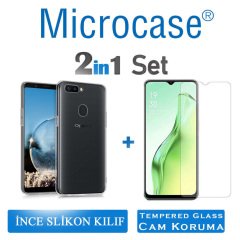 Microcase Oppo A12 0.2 mm İnce Soft Silikon Kılıf - Şeffaf + Tempered Glass Cam Koruma