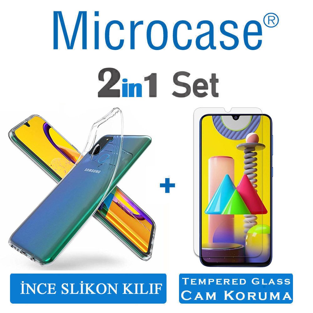 Microcase Samsung Galaxy M31 0.2 mm Ultra İnce Soft Silikon Kılıf - Şeffaf + Tempered Glass Cam Koruma