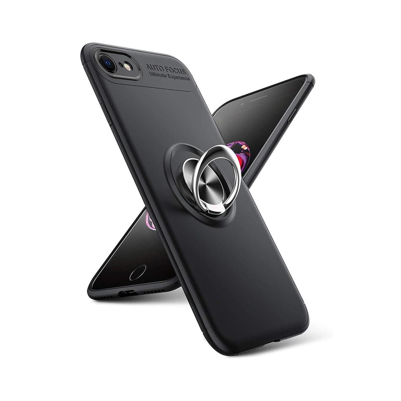 Microcase iPhone SE 2022 Focus Serisi Yüzük Standlı Silikon Kılıf - Siyah