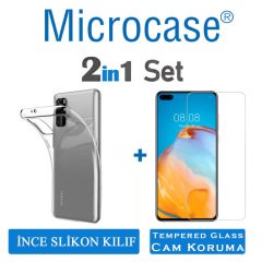 Microcase Huawei P40 0.2 mm Ultra İnce Soft Silikon Kılıf - Şeffaf + Tempered Glass Cam Koruma