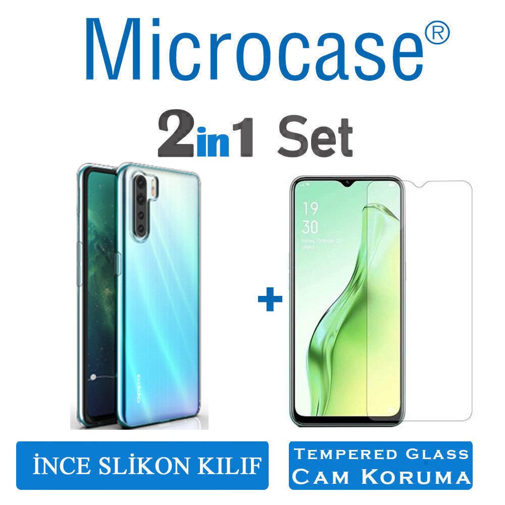 Microcase Oppo A91 0.2 mm İnce Soft Silikon Kılıf - Şeffaf + Tempered Glass Cam Koruma