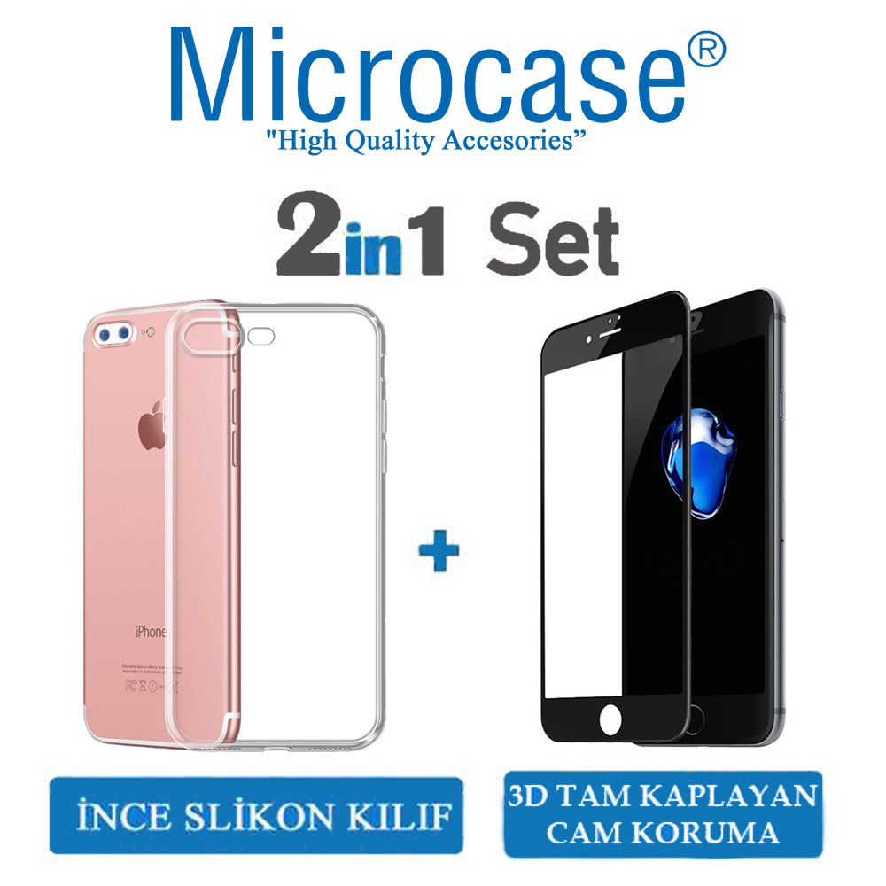 Microcase iPhone 8 Plus İnce Silikon Kılıf + 3D Curved Cam Siyah