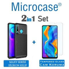 Microcase Huawei Honor 20 Lite Maxy Serisi Carbon Fiber Silikon Kılıf - Siyah + Tempered Glass Cam Koruma (SEÇENEKLİ)