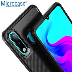 Microcase Huawei Honor 20 Lite Maxy Serisi Carbon Fiber Silikon Kılıf - Siyah + Tempered Glass Cam Koruma (SEÇENEKLİ)