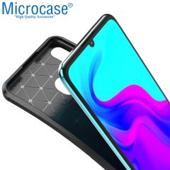 Microcase Huawei Honor 20 Lite Maxy Serisi Carbon Fiber Silikon Kılıf - Siyah + Tempered Glass Cam Koruma (SEÇENEKLİ)
