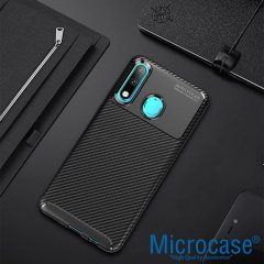 Microcase Huawei Honor 20 Lite Maxy Serisi Carbon Fiber Silikon Kılıf - Siyah + Tempered Glass Cam Koruma (SEÇENEKLİ)