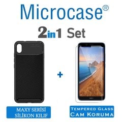Microcase Xiaomi Redmi 7A Maxy Serisi Carbon Fiber Silikon Kılıf - Siyah + Tempered Glass Cam Koruma (SEÇENEKLİ)