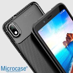 Microcase Xiaomi Redmi 7A Maxy Serisi Carbon Fiber Silikon Kılıf - Siyah + Tempered Glass Cam Koruma (SEÇENEKLİ)