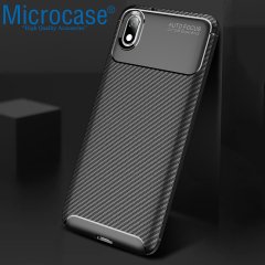 Microcase Xiaomi Redmi 7A Maxy Serisi Carbon Fiber Silikon Kılıf - Siyah + Tempered Glass Cam Koruma (SEÇENEKLİ)