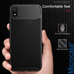 Microcase Xiaomi Redmi 7A Maxy Serisi Carbon Fiber Silikon Kılıf - Siyah + Tempered Glass Cam Koruma (SEÇENEKLİ)