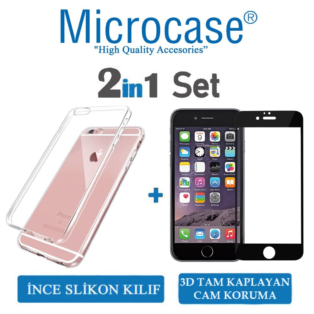 Microcase iPhone 6 - 6s İnce Silikon Kılıf + 3D Curved Cam Siyah