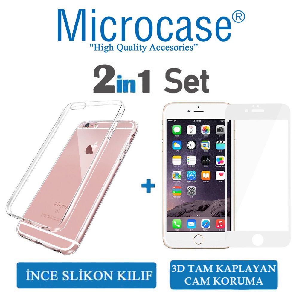 Microcase iPhone 6 - 6s İnce Silikon Kılıf + 3D Curved Cam Beyaz