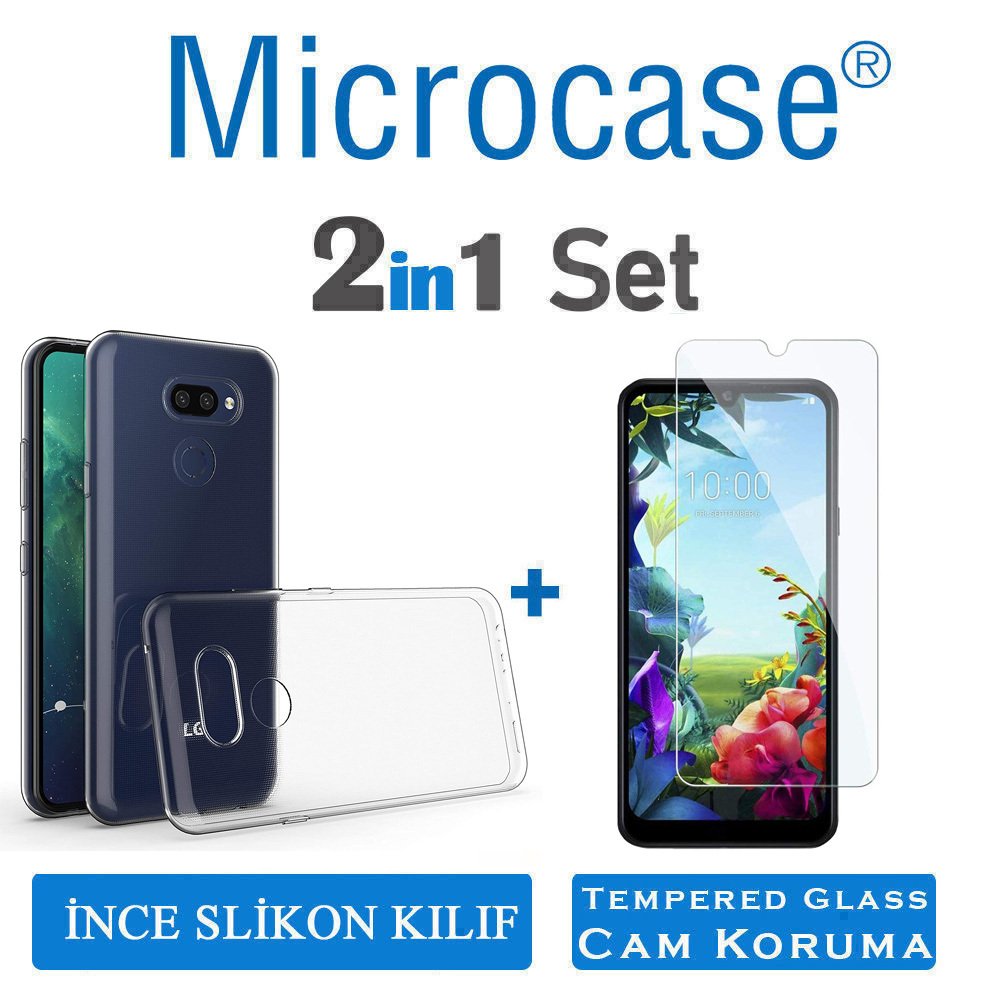 Microcase LG K40S 0.2 mm Ultra İnce Soft Silikon Kılıf - Şeffaf + Tempered Glass Cam Koruma