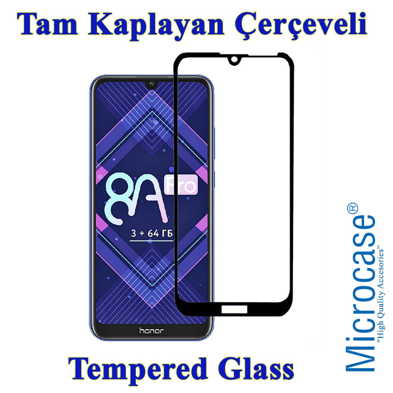 Huawei Honor 8A Pro Tam Kaplayan Çerçeveli Tempered Cam - Siyah