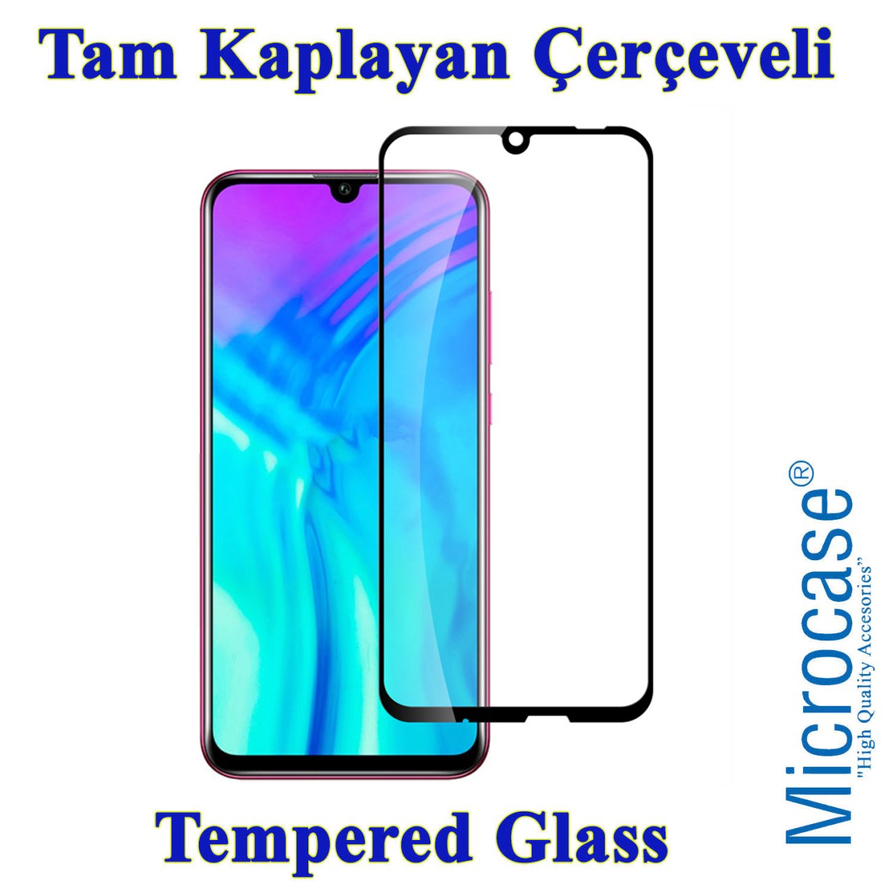 Huawei Honor 20i Tam Kaplayan Çerçeveli Tempered Cam - Siyah