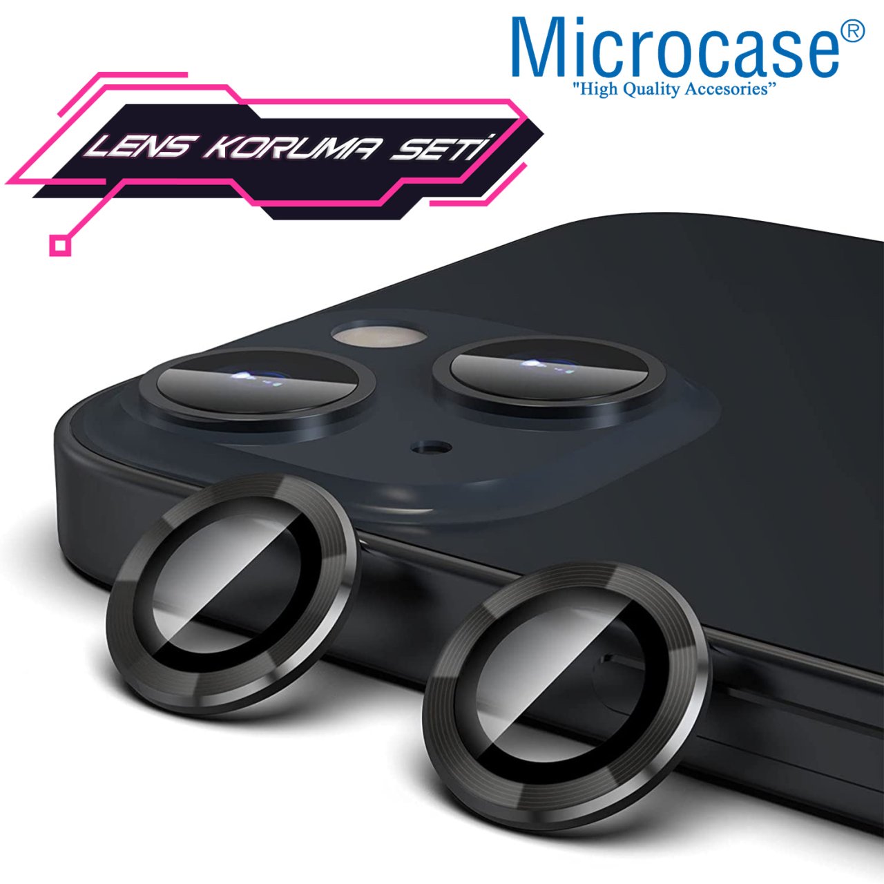 Microcase iPhone 13 Kamera Camı Lens Koruyucu Halka Set - Siyah