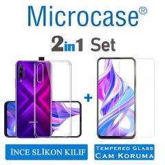 Microcase Huawei P Smart Pro 2019 0.2 mm Ultra İnce Soft Silikon Kılıf - Şeffaf + Tempered Glass Cam Koruma