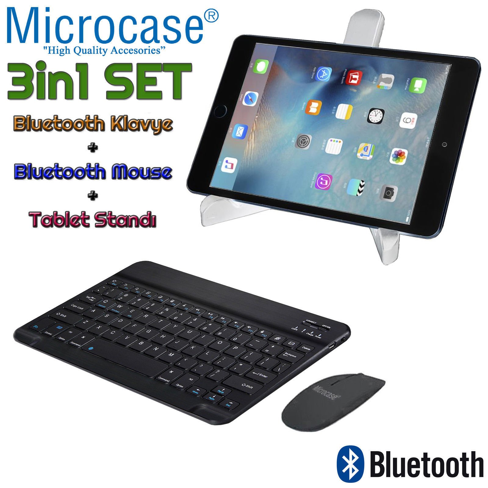Microcase iPad Air 2 Bluetooth Klavye (TR Sticker) + Bluetooth Mouse + Tablet Standı - AL2765