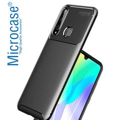 Microcase Huawei Y6P Maxy Serisi Carbon Fiber Silikon TPU Kılıf - Siyah