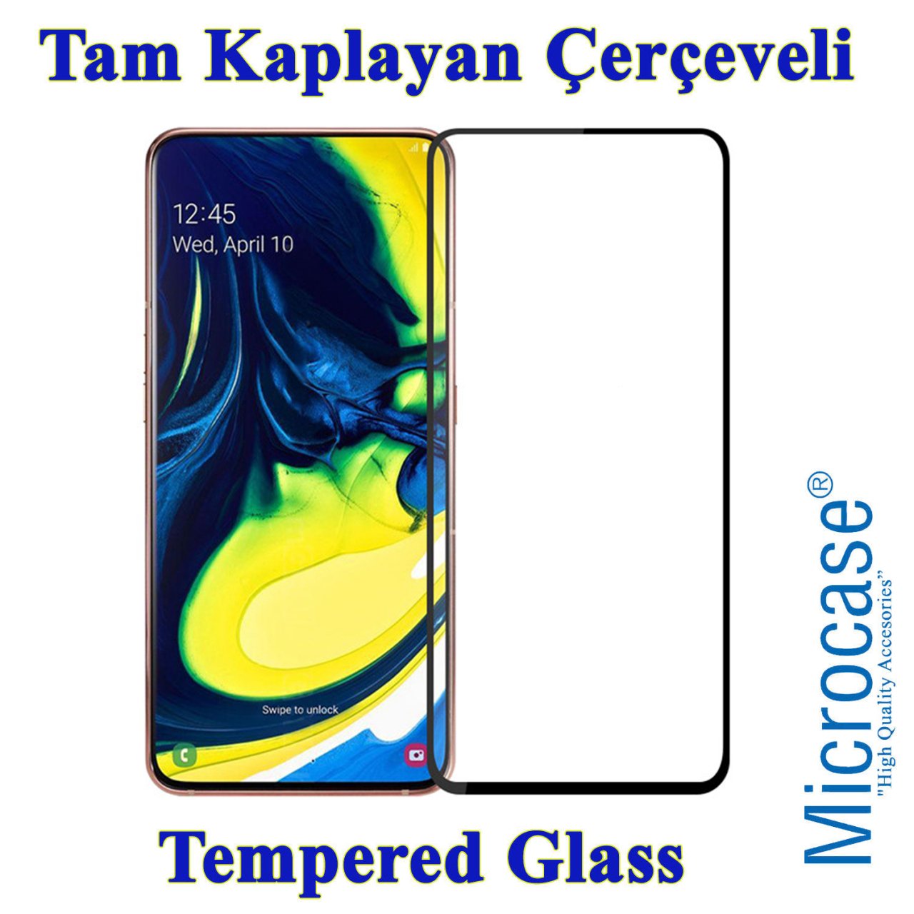 Samsung Galaxy A80 Tam Kaplayan Çerçeveli Tempered Cam - Siyah