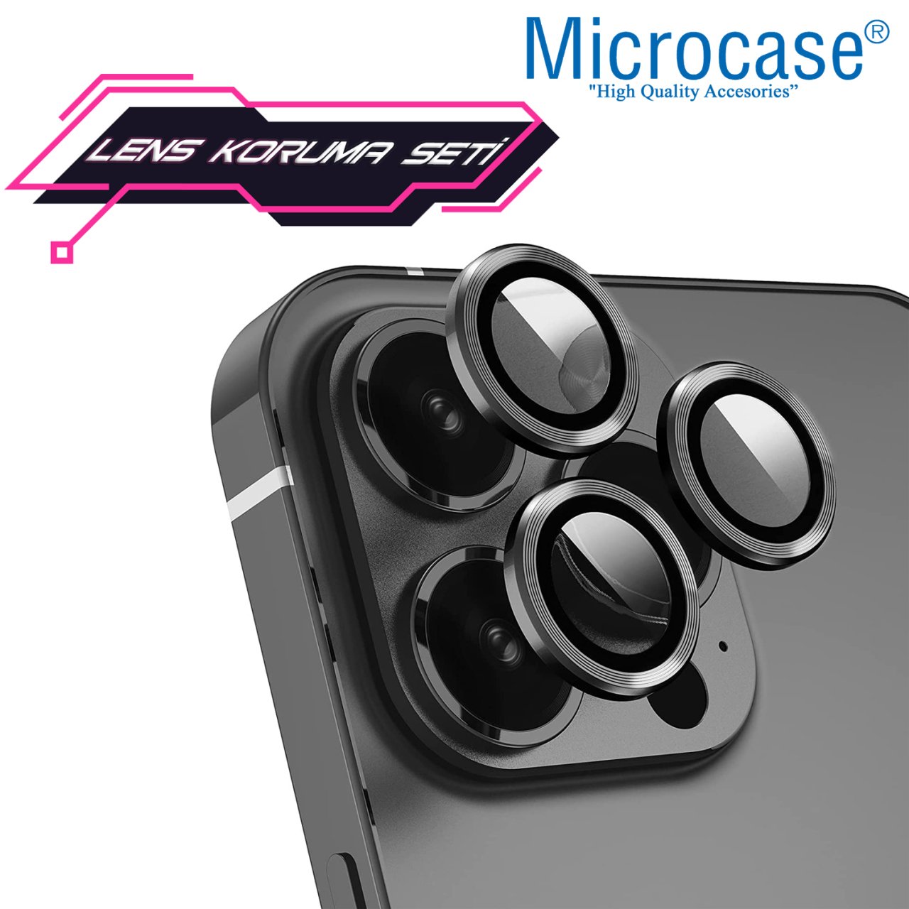 Microcase iPhone 13 Pro Max Kamera Camı Lens Koruyucu Halka Set - Siyah
