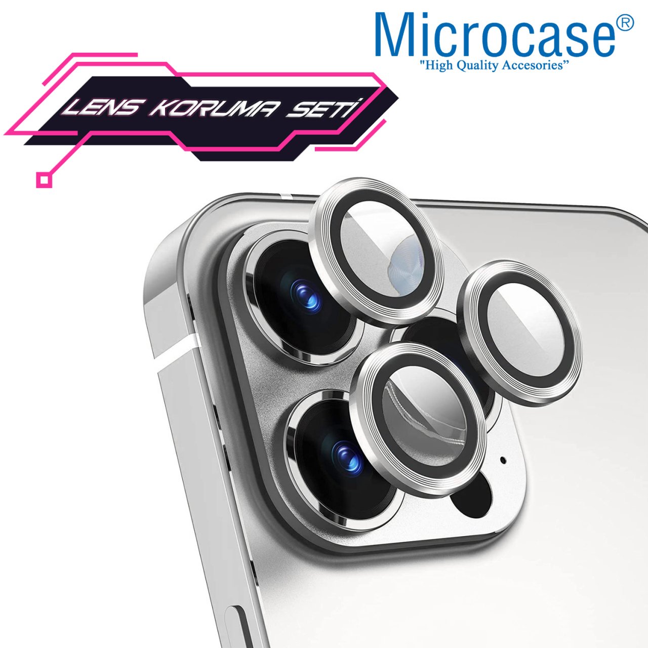 Microcase iPhone 13 Pro Max Kamera Camı Lens Koruyucu Halka Set - Gümüş