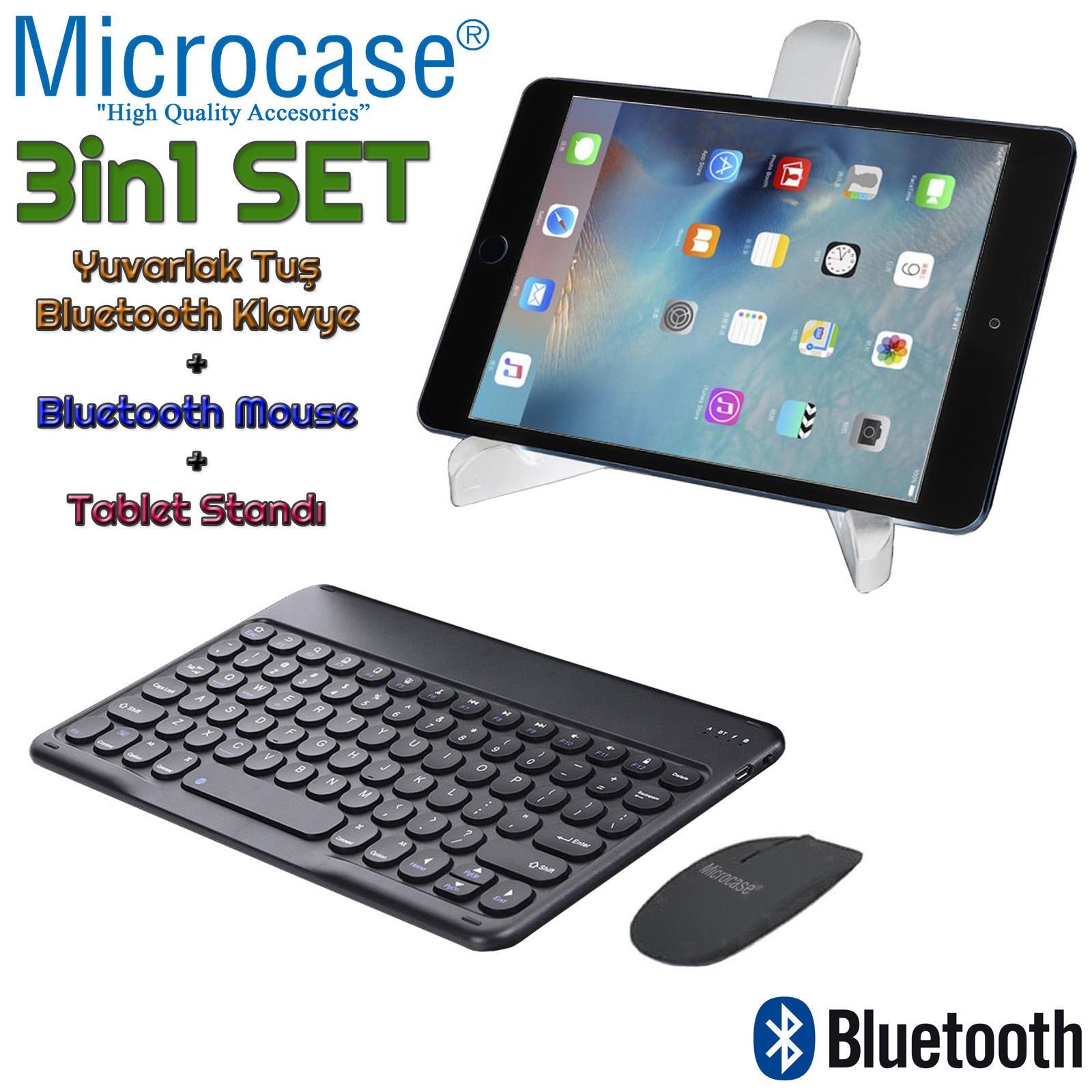 Microcase iPad Air 2 Yuvarlak Tuş Bluetooth Klavye + Mouse + Tablet Standı - AL2784