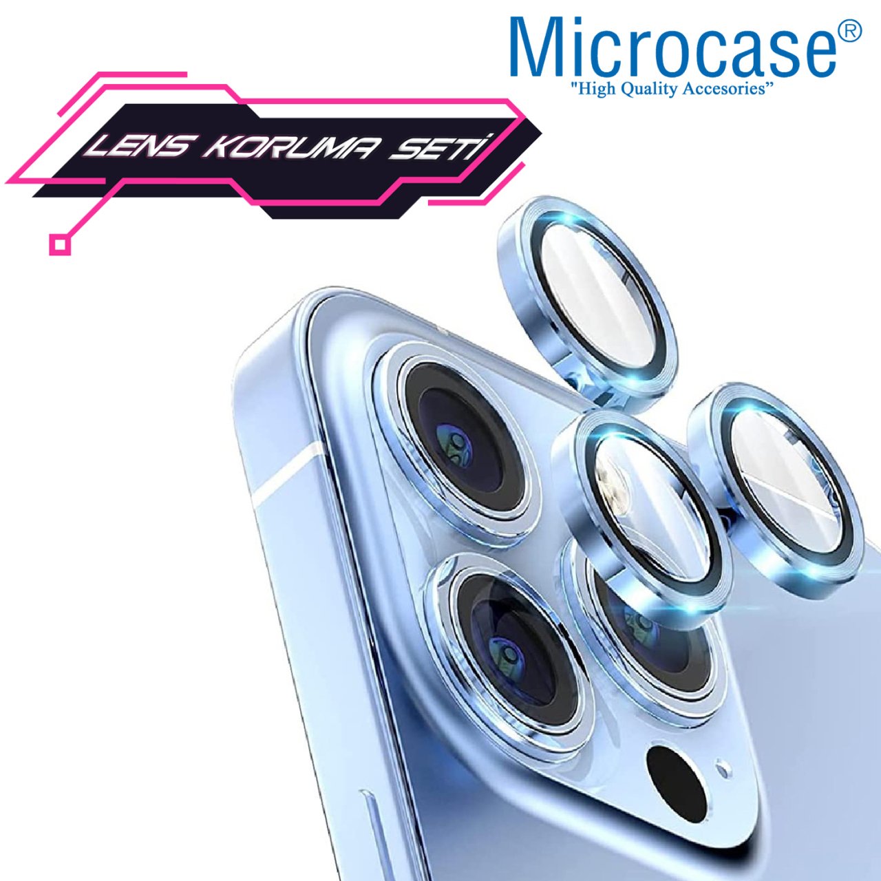 Microcase iPhone 13 Pro Kamera Camı Lens Koruyucu Halka Set - Sierra Mavi