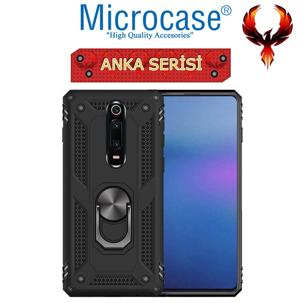 Microcase Xiaomi Mi 9T - Mi 9T Pro Anka Serisi Yüzük Standlı Armor Kılıf Siyah + Tempered Glass Cam Koruma (SEÇENEKLİ)