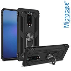 Microcase Xiaomi Mi 9T - Mi 9T Pro Anka Serisi Yüzük Standlı Armor Kılıf Siyah + Tempered Glass Cam Koruma (SEÇENEKLİ)