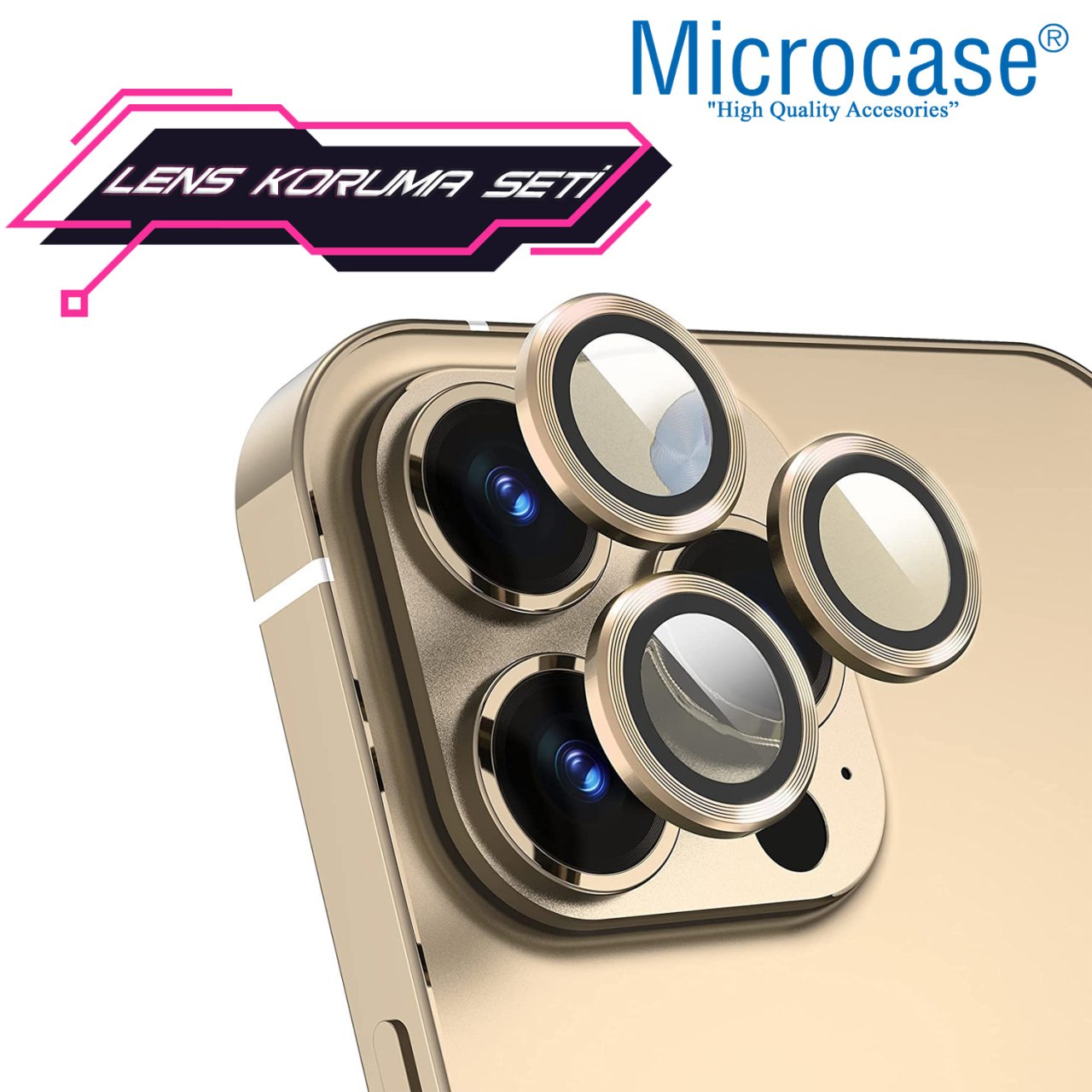 Microcase iPhone 13 Pro Max Kamera Camı Lens Koruyucu Halka Set - Gold