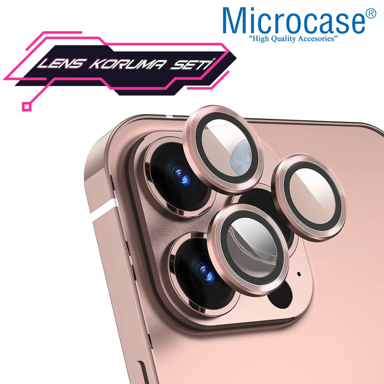 Microcase iPhone 13 Pro Kamera Camı Lens Koruyucu Halka Set - Pembe