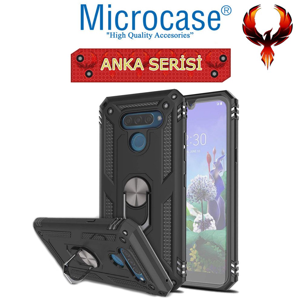 Microcase LG Q60 - LG K50 Anka Serisi Yüzük Standlı Armor Kılıf Siyah + Tempered Glass Cam Koruma (SEÇENEKLİ)