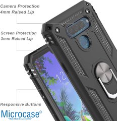 Microcase LG Q60 - LG K50 Anka Serisi Yüzük Standlı Armor Kılıf Siyah + Tempered Glass Cam Koruma (SEÇENEKLİ)