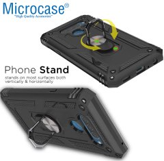 Microcase LG Q60 - LG K50 Anka Serisi Yüzük Standlı Armor Kılıf Siyah + Tempered Glass Cam Koruma (SEÇENEKLİ)