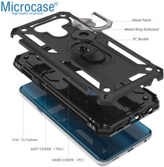 Microcase LG Q60 - LG K50 Anka Serisi Yüzük Standlı Armor Kılıf Siyah + Tempered Glass Cam Koruma (SEÇENEKLİ)