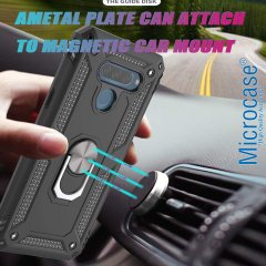Microcase LG Q60 - LG K50 Anka Serisi Yüzük Standlı Armor Kılıf Siyah + Tempered Glass Cam Koruma (SEÇENEKLİ)