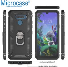 Microcase LG Q60 - LG K50 Anka Serisi Yüzük Standlı Armor Kılıf Siyah + Tempered Glass Cam Koruma (SEÇENEKLİ)