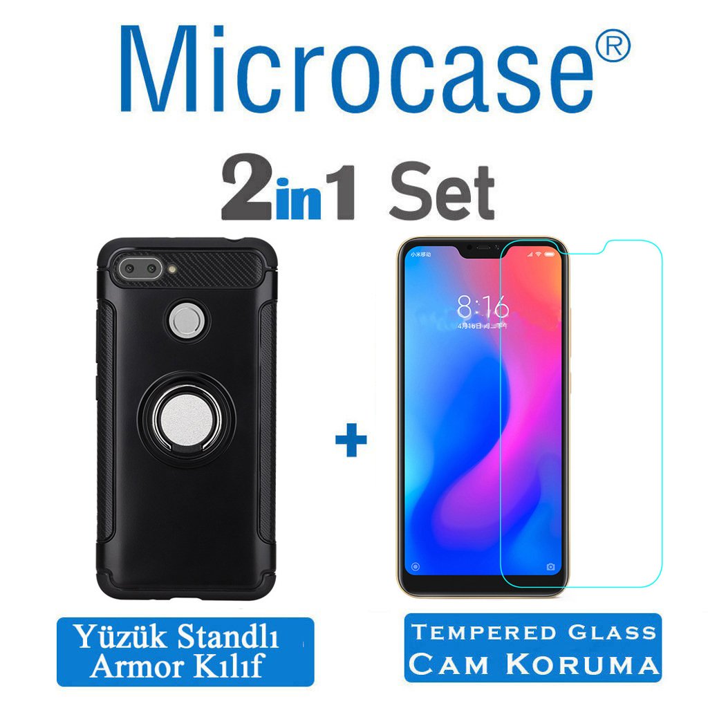 Xiaomi Mi 8 Lite Yüzük Standlı Armor Silikon Kılıf + Cam Koruma